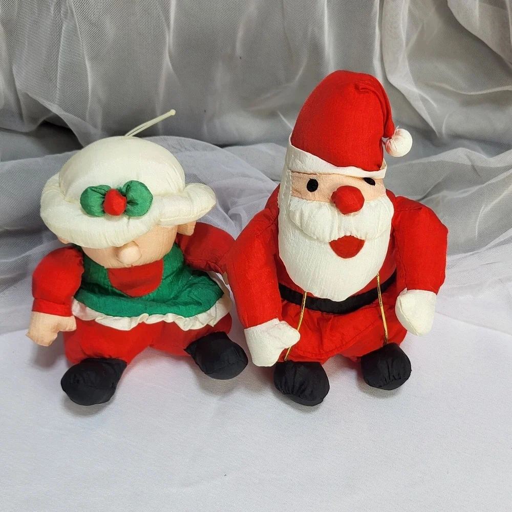 Santa & Mrs Claus 7in Nylon Puffy Stuffed Christmas Plush Table Decor VTG 1993